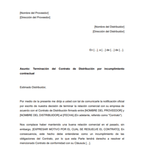 Modelo Burofax terminación Acuerdo de Distribución por incumpliento contractual por parte del Distribuidor
