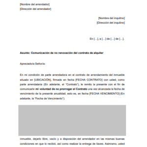 Modelo Comunicación ARRENDADOR al INQUILINO sobre NO Renovación Contrato Alquiler (LAU 2013, 2015, 2018)