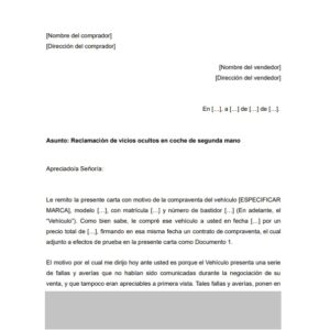 Modelo Carta Burofax Reclamación Vicios Ocultos en Coche de Segunda Mano (Vendedor PARTICULAR)