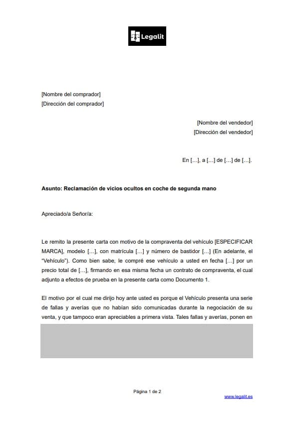 Modelo Carta Burofax Reclamación Vicios Ocultos en Coche de Segunda Mano (Vendedor PARTICULAR)